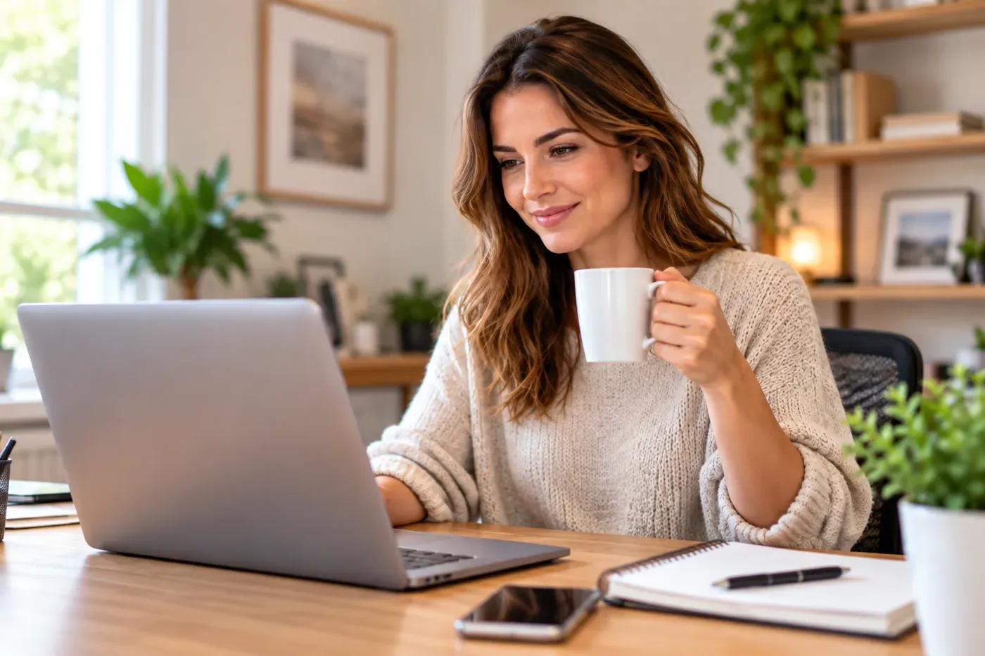 A woman with a coffee mug working on a laptop at home